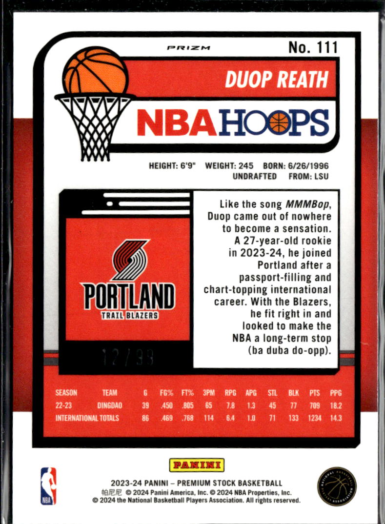 Duop Reath 2024 NBA Hoops RC Red Ice /99 Portland Trail Blazers