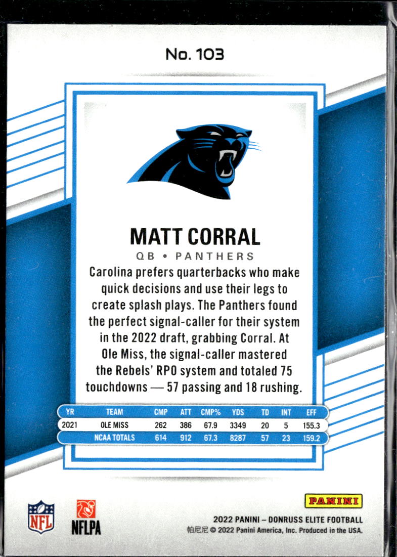 Matt Corral 2022 Elite RC Rookie /999 Carolina Panthers