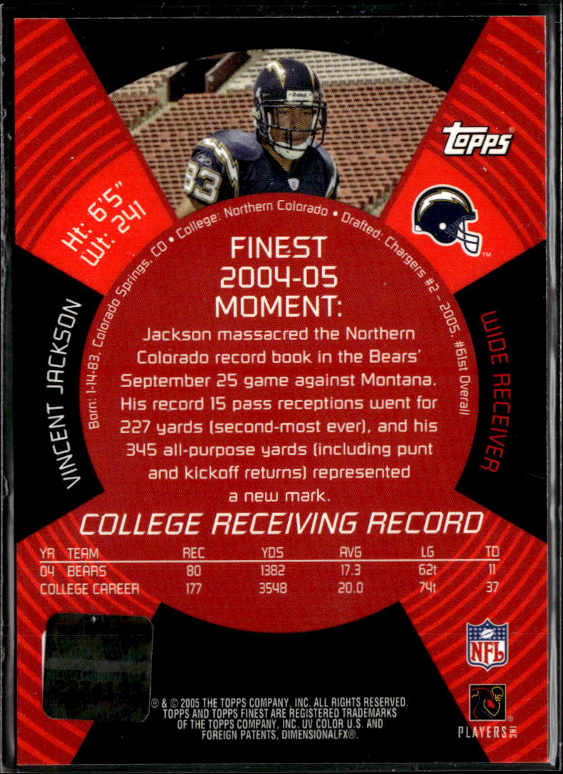 Vincent Jackson 2005 Topps Finest Auto Autograph RC San Diego Chargers