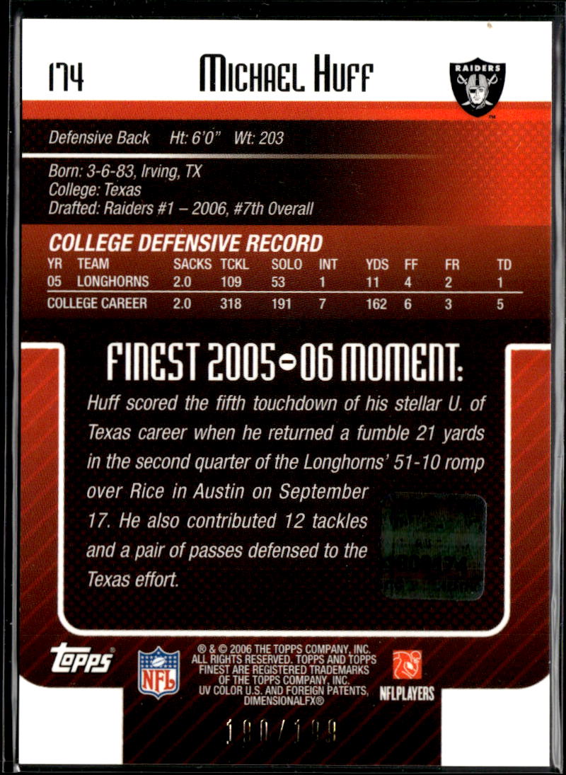 Michael Huff 2006 Topps Finest Auto Autograph RC Longhorns Oakland Raiders /199