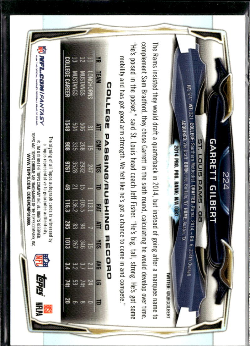 Garrett Gilbert 2014 Topps Chrome RC Auto Autograph St. Louis Rams