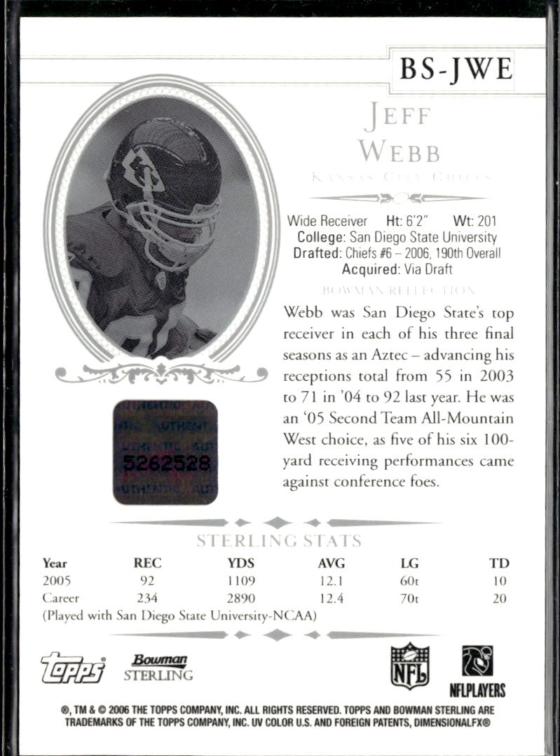 Jeff Webb 2006 Bowman Sterling Auto Autograph RC Kansas City Chiefs