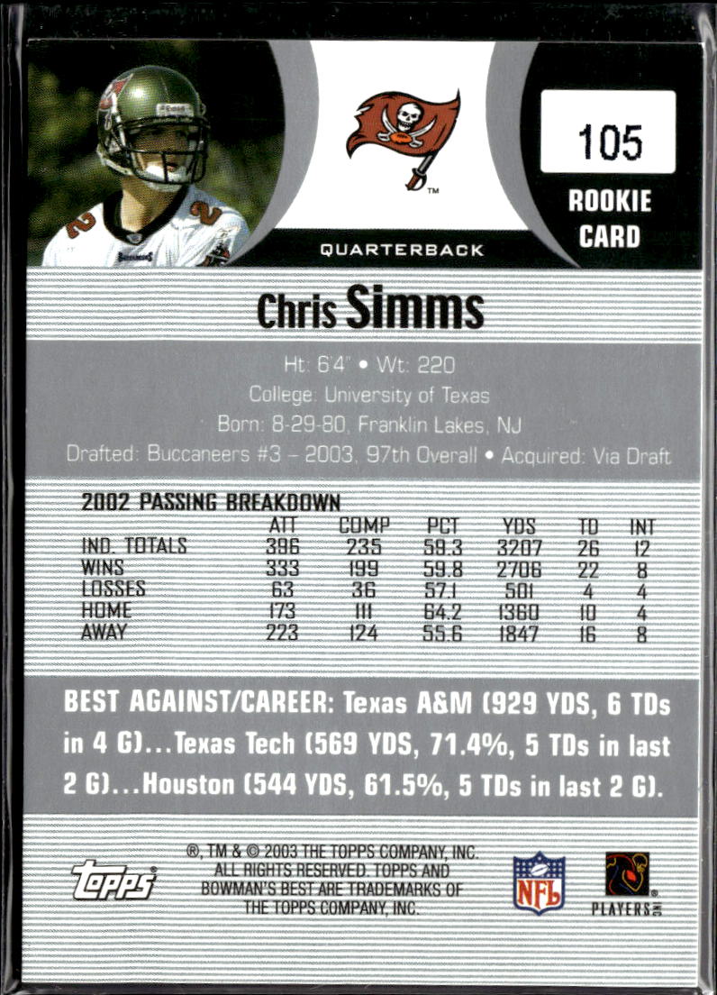 Chris Simms 2003 Bowman's Best RC Jersey Patch Longhorns Tampa Bay Buccaneers