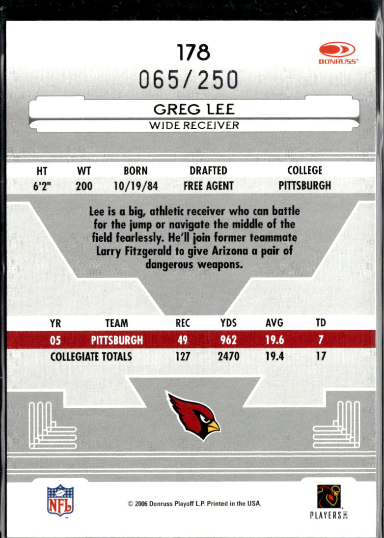 Greg Lee 2006 Certified Auto Autograph RC /250 Arizona Cardinals