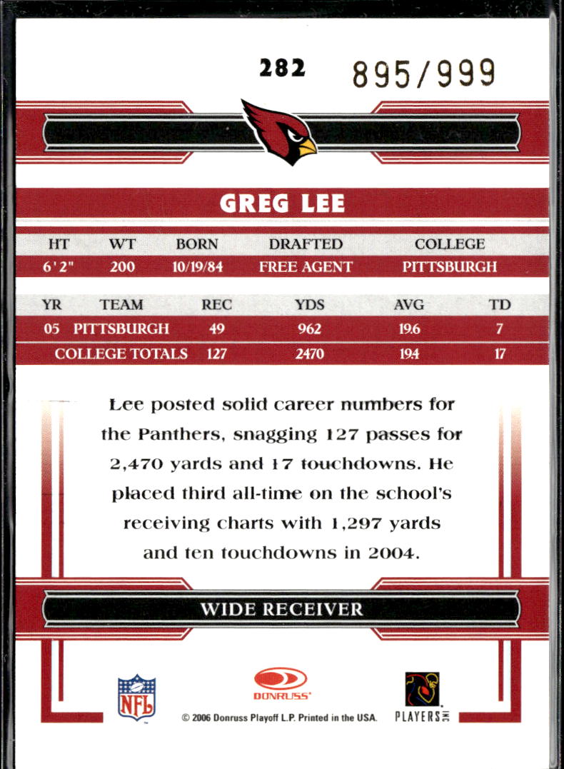 Greg Lee 2006 Donruss Threads Auto Autograph RC /999 Arizona Cardinals