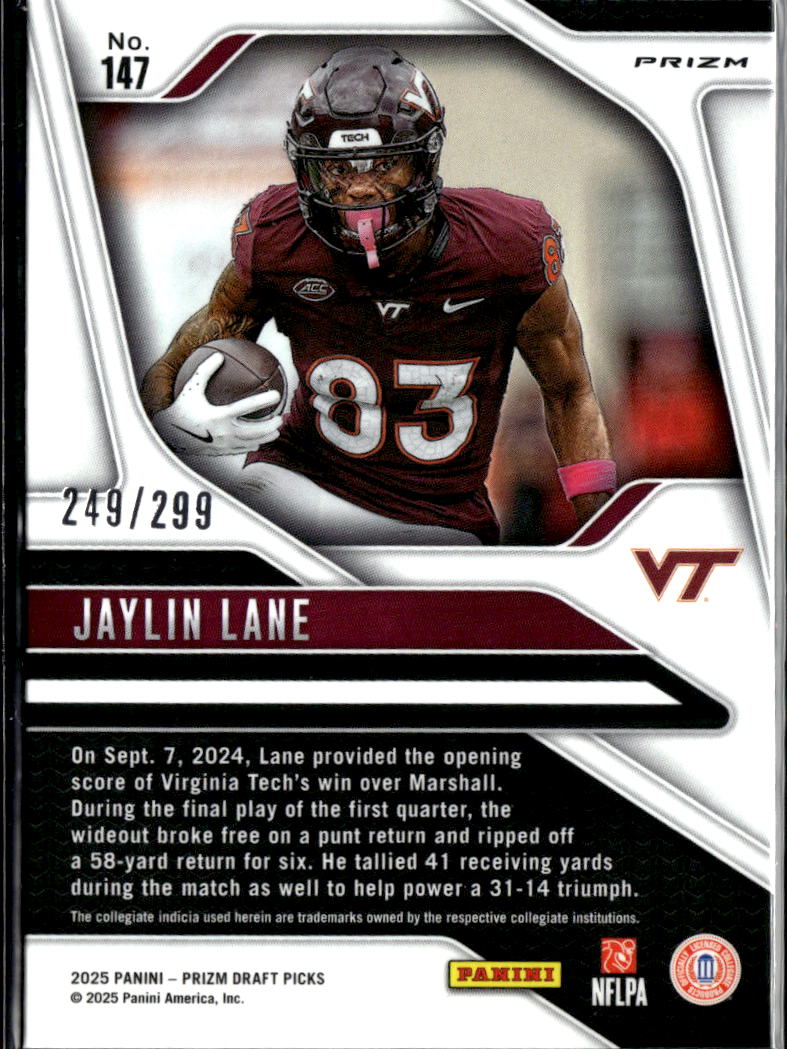 Jaylin Lane 2025 Prizm Draft RC Blue Wave /299 Virginia Tech Hokies
