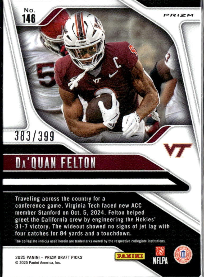 Da'Quan Felton 2025 Prizm Draft Picks RC Red 383/399 Virginia Tech Hokies