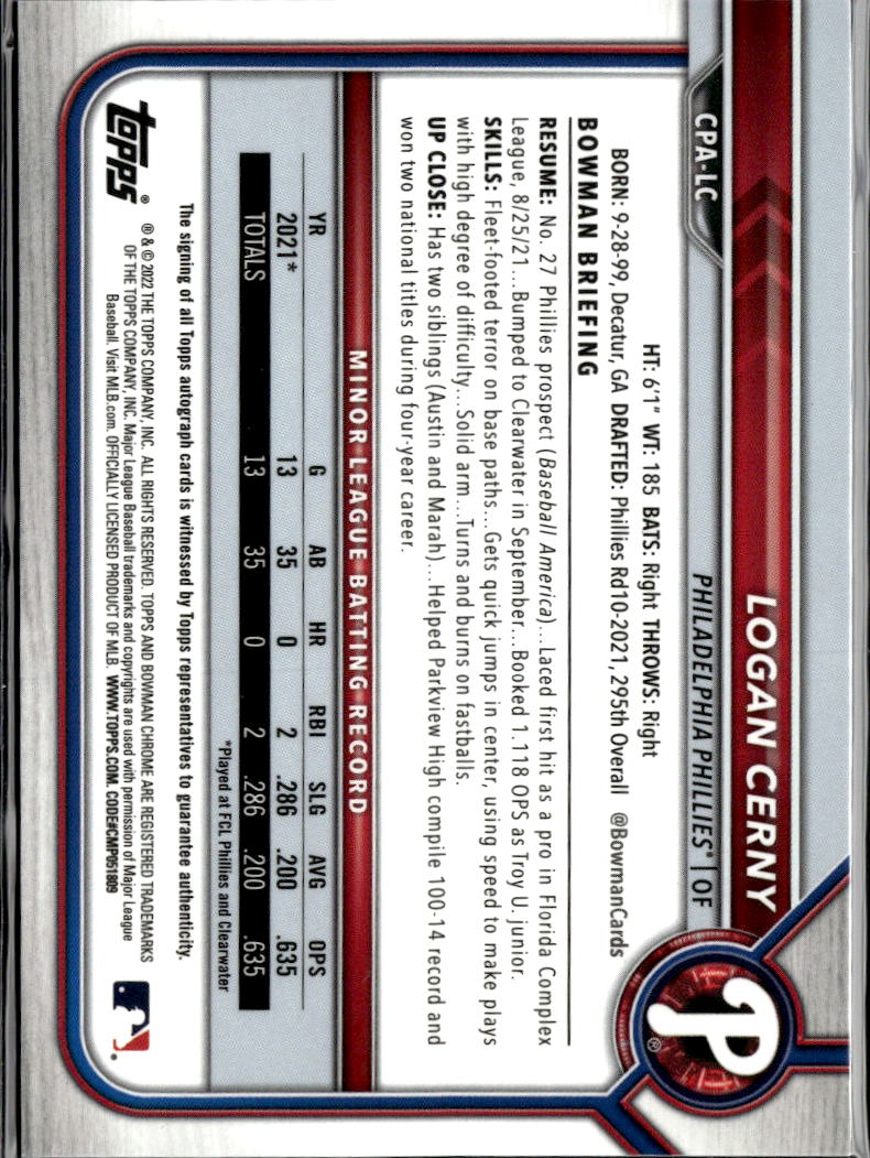 Logan Cerny 2022 Bowman Chrome 1st Auto Autograph Philadelphia Phillies
