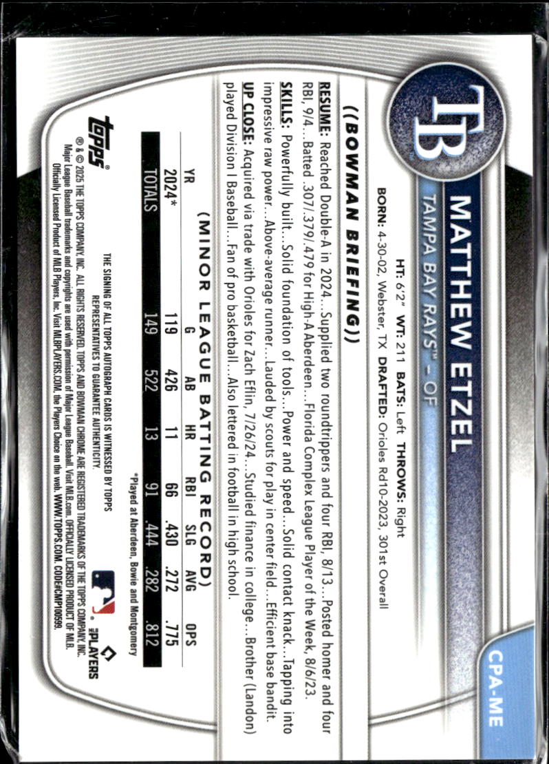 Matthew Etzel 2025 Bowman Chrome 1st Auto Autograph /150 Tampa Bay Rays