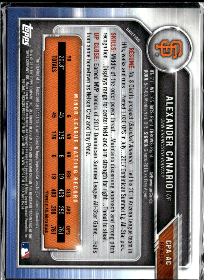 Alexander Canario 2019 1st Auto Autograph /499 San Francisco Giants