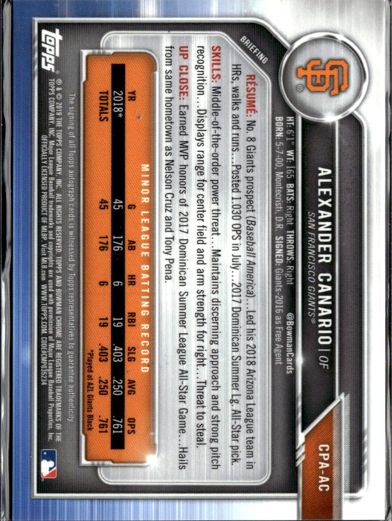 Alexander Canario 2019 Bowman Chrome 1st Auto Autograph San Francisco Giants