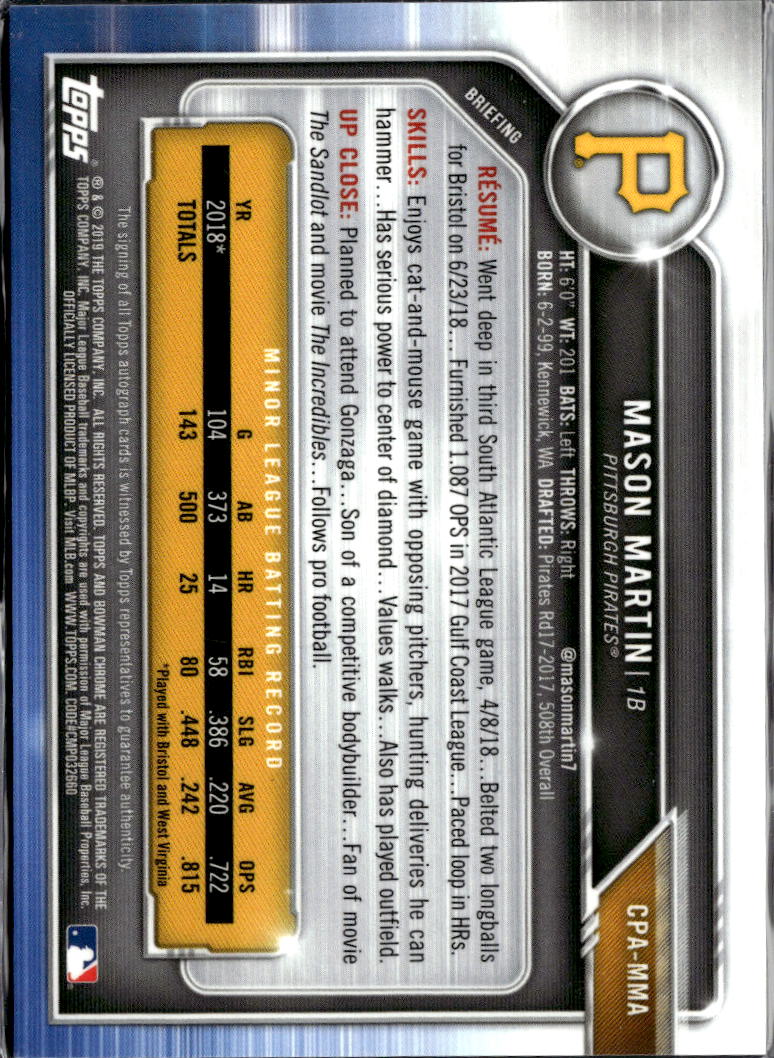 Mason Martin 2019 Bowman Chrome 1st Auto Autograph Pittsburgh Pirates