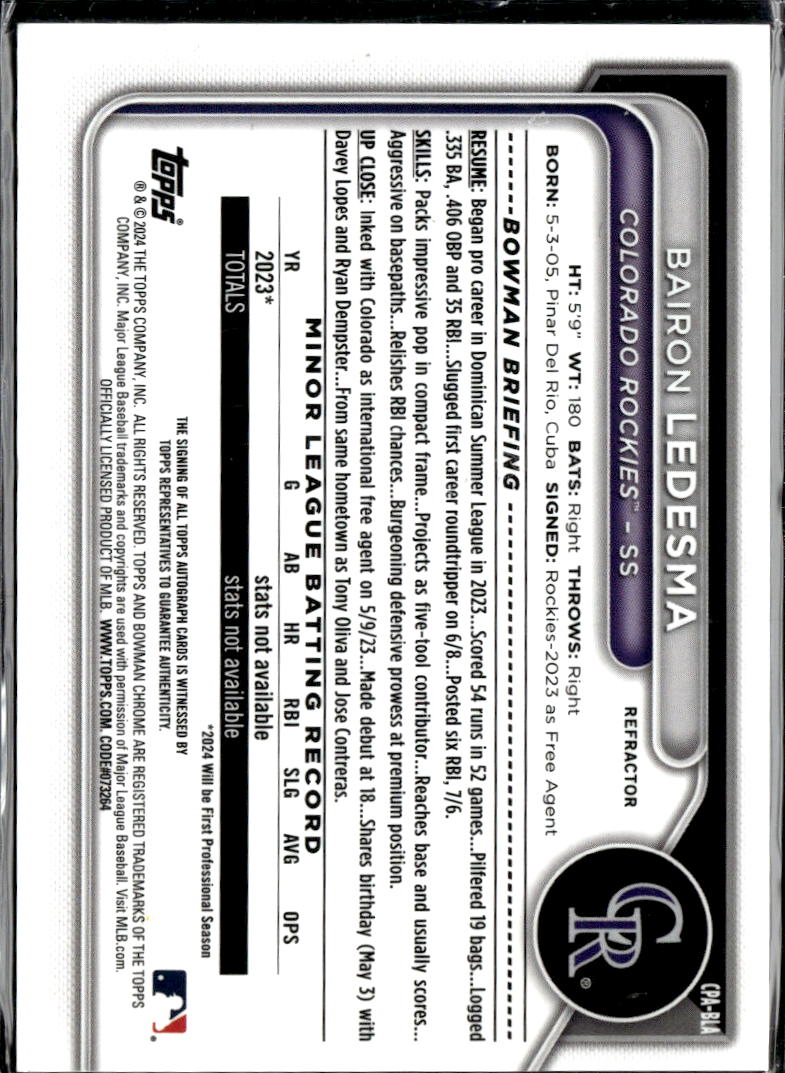 Bairon Ledesma 2024 Bowman Chrome 1st Auto Autograph /499 Colorado Rockies