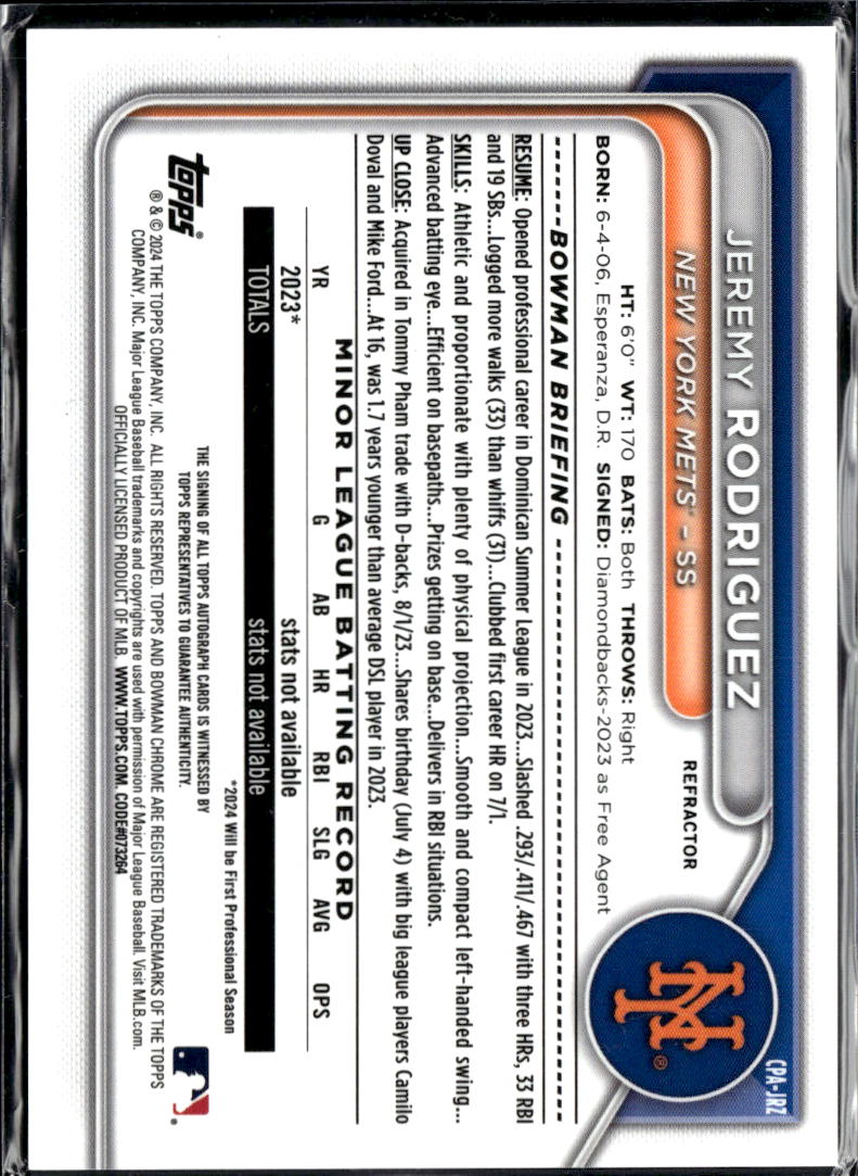 Jeremy Rodriguez 2024 Bowman Chrome 1st Auto Autograph /499 New York Mets