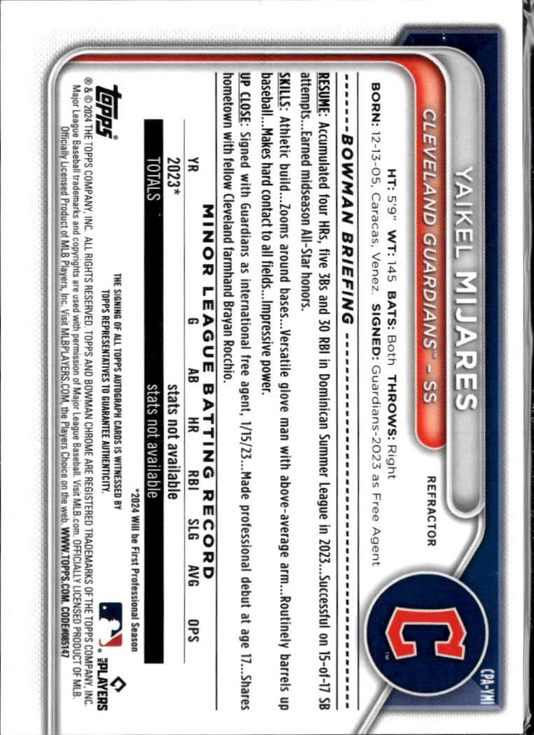 Yaikel Mijares 2024 Bowman Chrome 1st Auto Autograph /499 Cleveland Guardians
