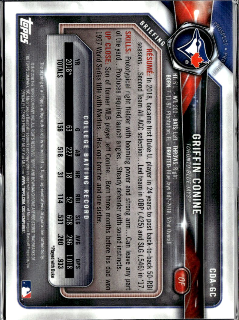 Griffin Conine 2018 Bowman Chrome 1st Auto Autograph Toronto Blue Jays