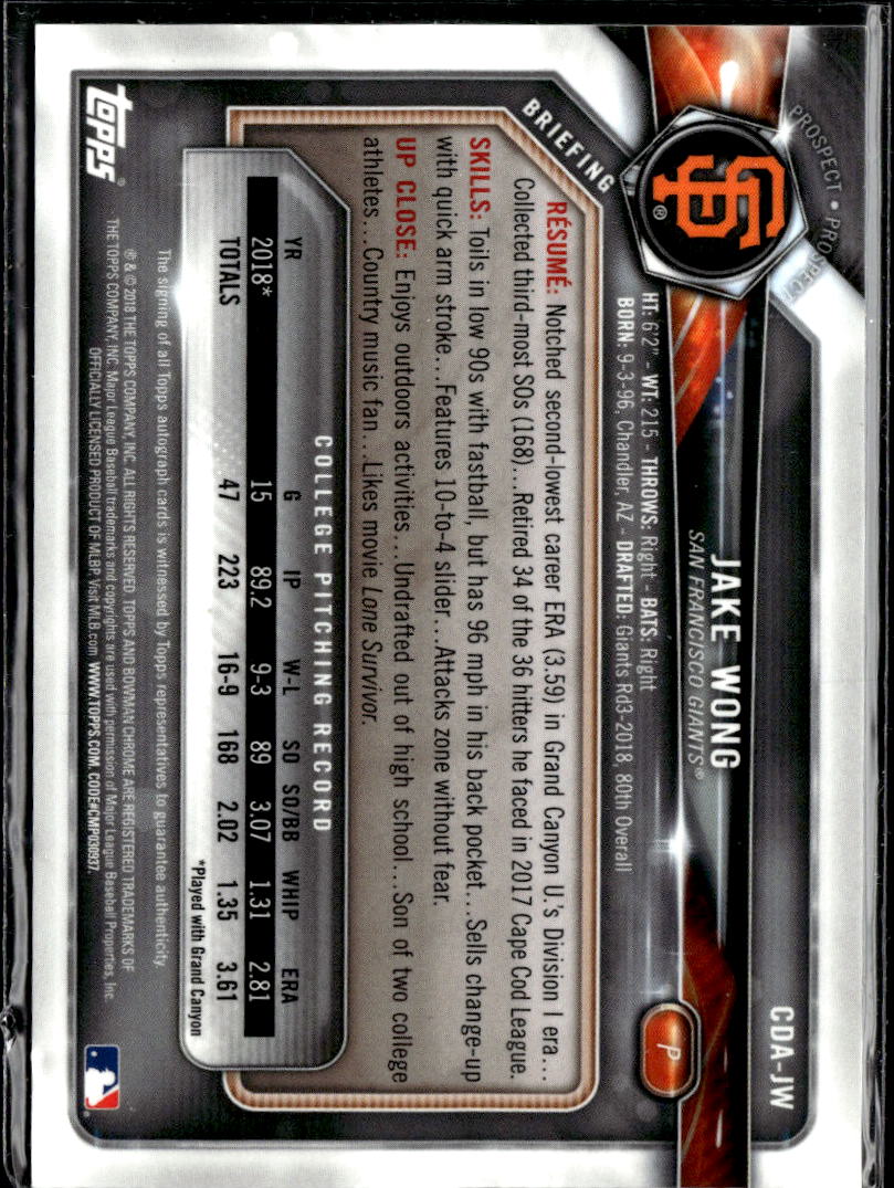 Jake Wong 2018 Bowman Chrome 1st Auto Autograph San Francisco Giants
