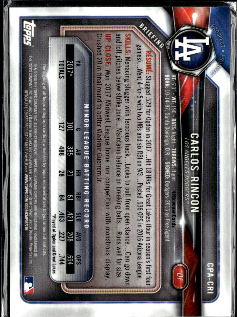 Carlos Rincon 2018 Bowman Chrome 1st Auto Autograph Los Angeles Dodgers