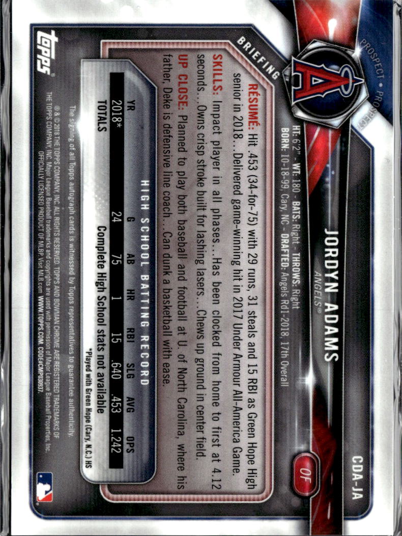 Jordyn Adams 2018 Bowman Chrome 1st Auto Autograph Los Angeles Angels
