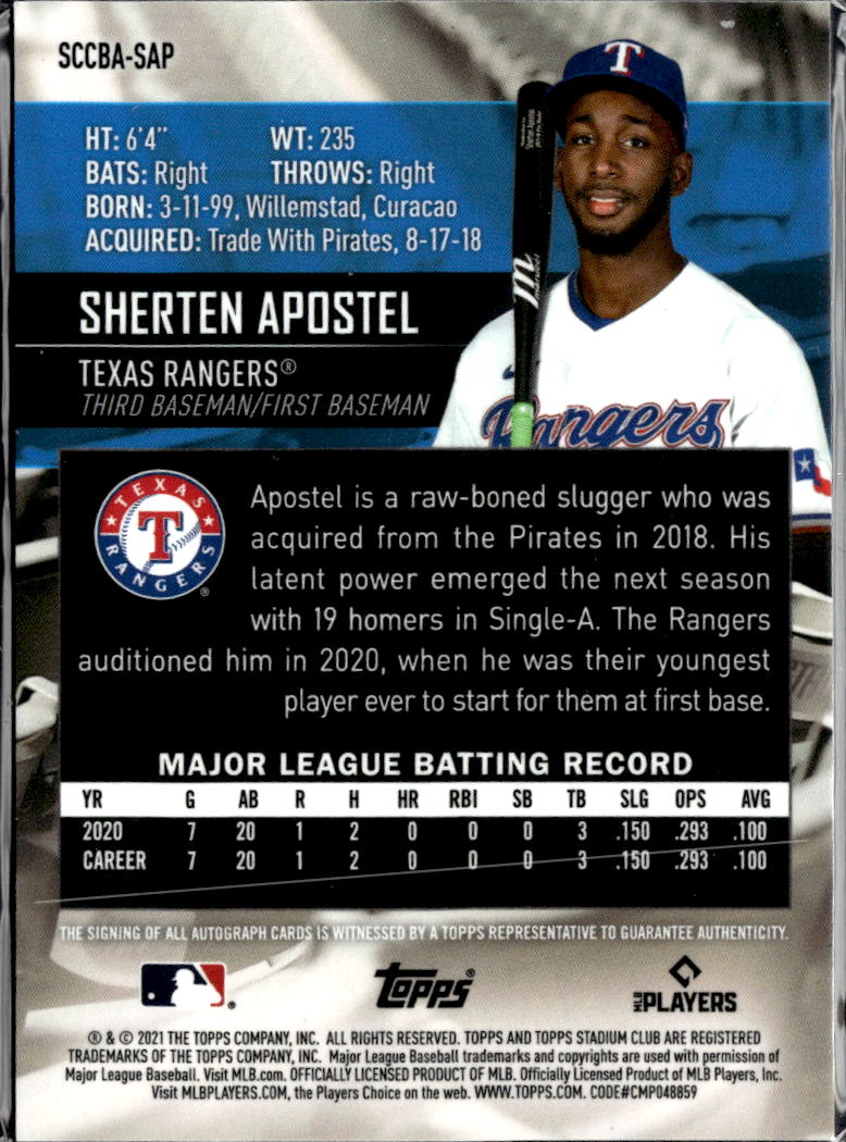 Sherten Apostel 2021 Topps Stadium Club Auto Autograph RC Texas Rangers