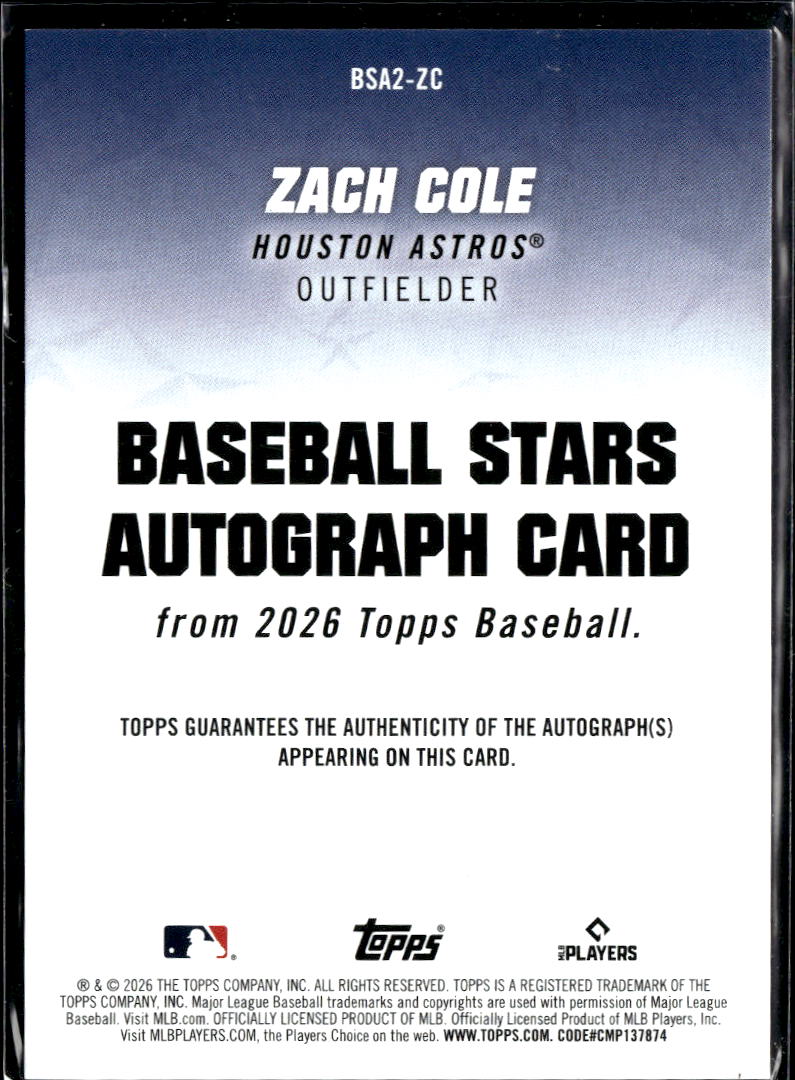 Zach Cole 2026 Topps Stars Autographs RC Auto Houston Astros