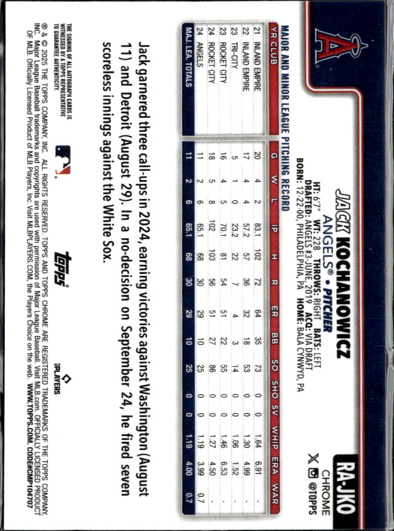 Jack Kochanowicz 2025 Topps Chrome Auto Autograph RC 259/299 Los Angeles Angels