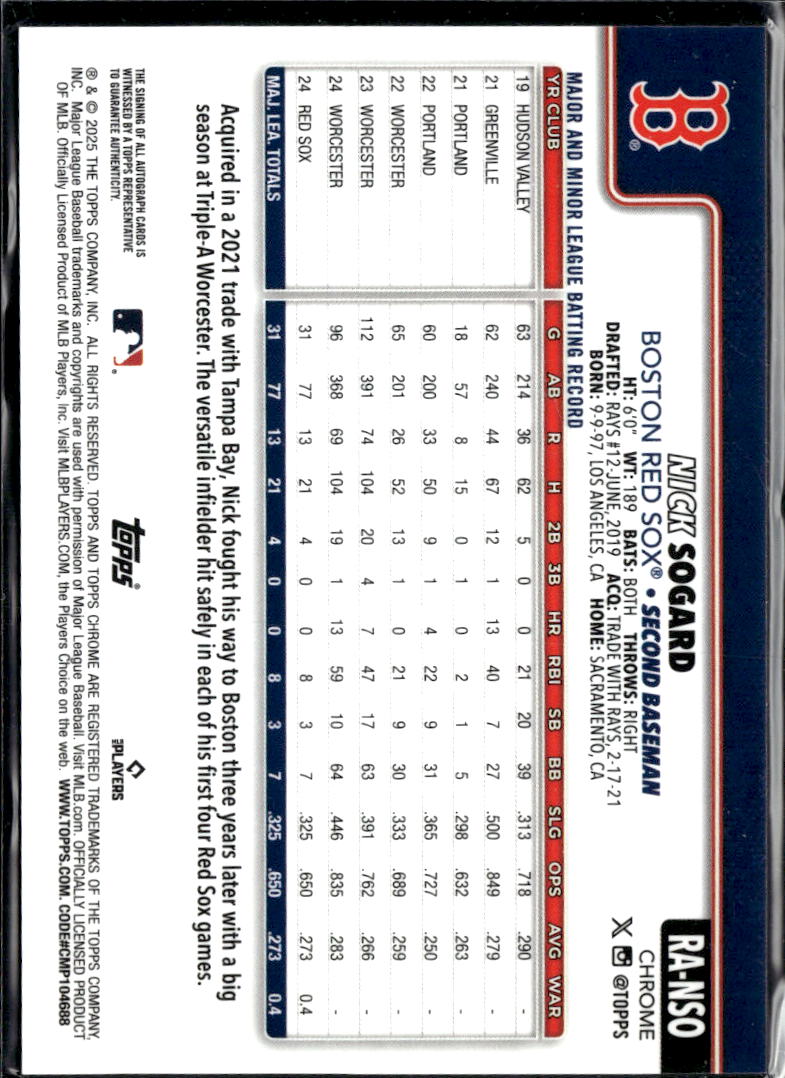 Nick Sogard 2025 Topps Chrome Auto Autograph RC Boston Red Sox