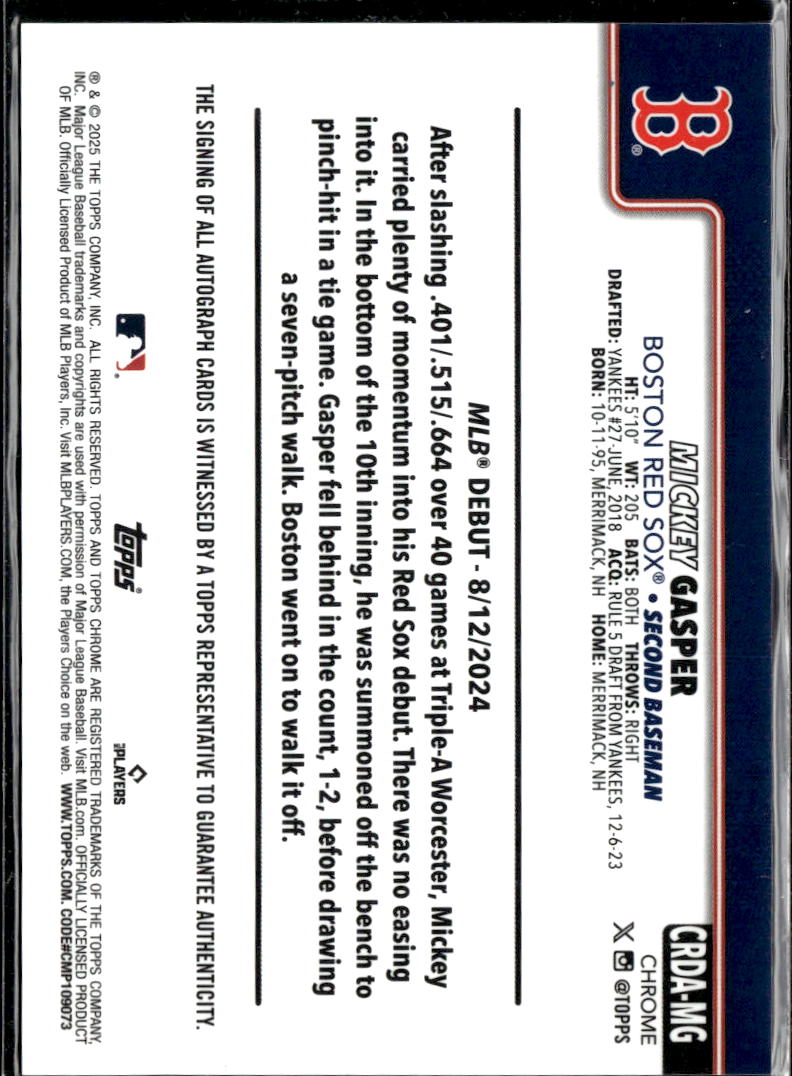 Mickey Gasper 2025 Topps Chrome Auto Autograph RC Boston Red Sox