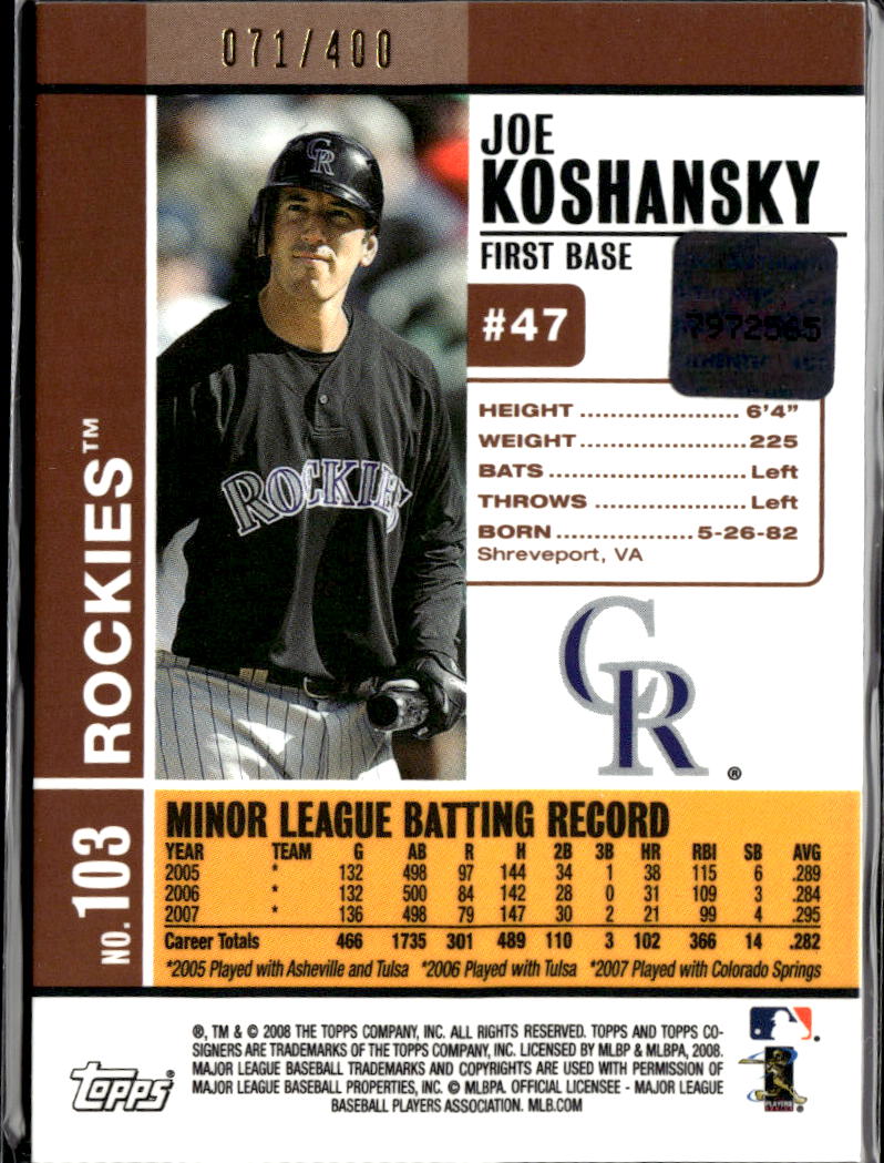 Joe Koshansky 2008 Topps Co-Signers Auto Autograph /400 Colorado Rockies