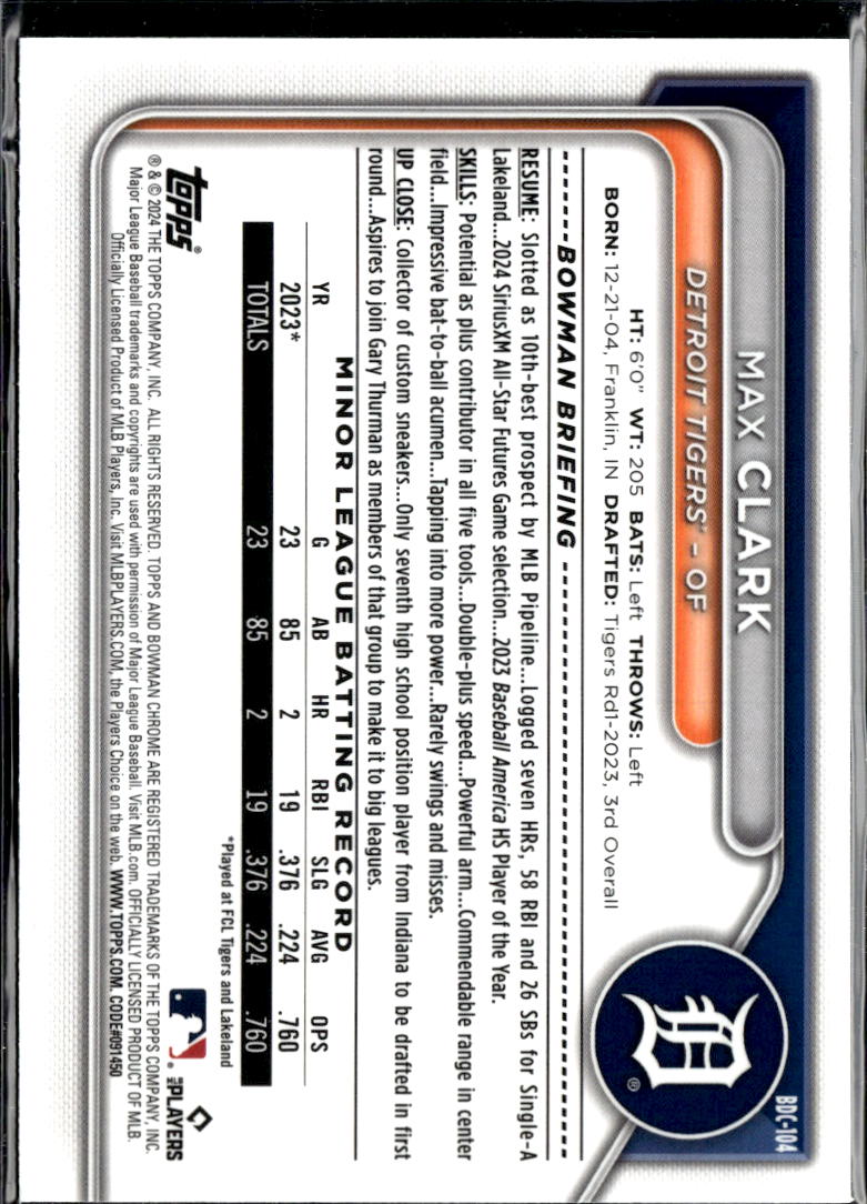 Max Clark 2024 Bowman Chrome Sapphire Detroit Tigers
