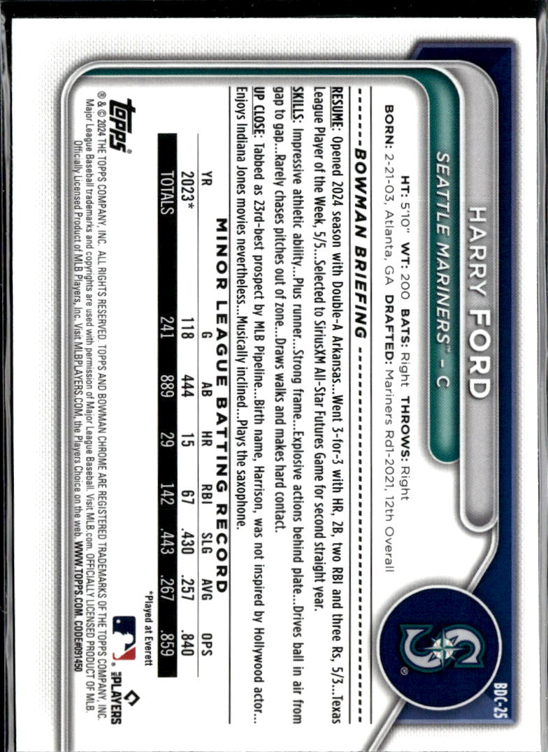 Harry Ford 2024 Bowman Chrome Sapphire Seattle Mariners