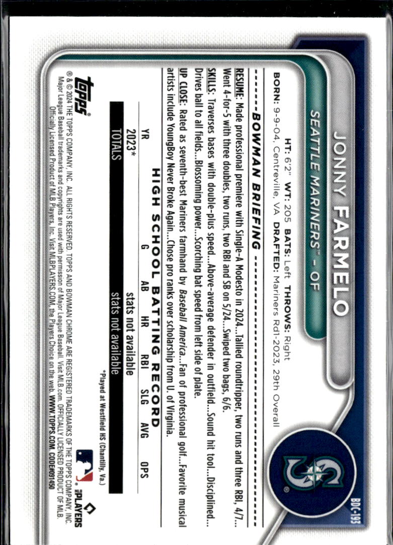 Jonny Farmelo 2024 Bowman Chrome Sapphire Seattle Mariners