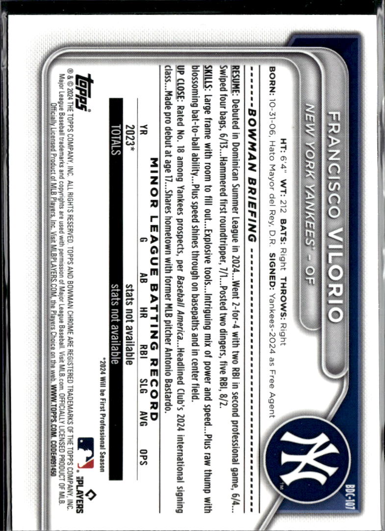 Francisco Vilorio 2024 Bowman Chrome Sapphire Blue New York Yankees