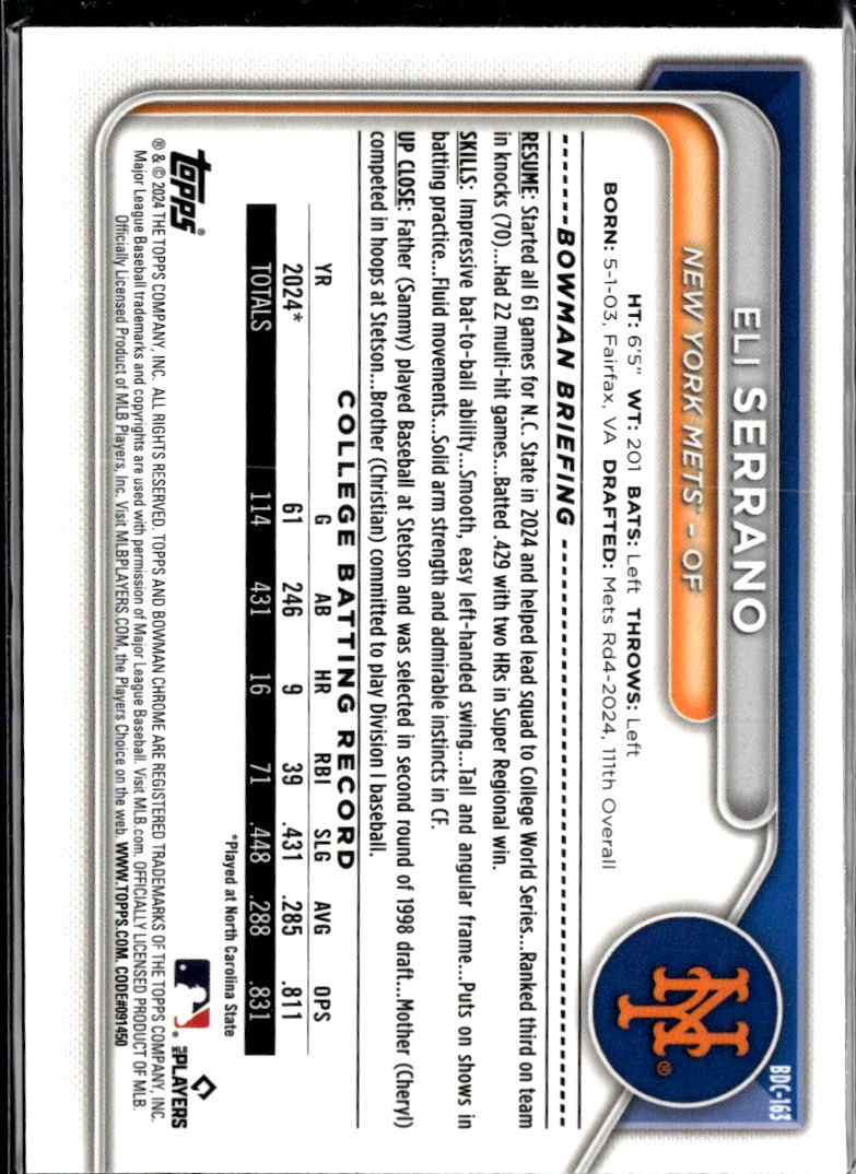 Eli Serrano 2024 Bowman Chrome 1st Sapphire New York Mets