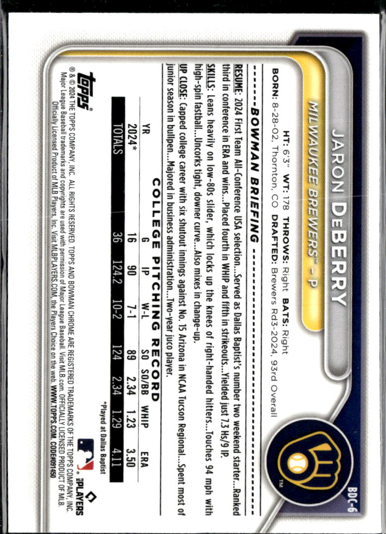 Jaron DeBerry 2024 Bowman Chrome 1st Bowman Sapphire Milwaukee Brewers