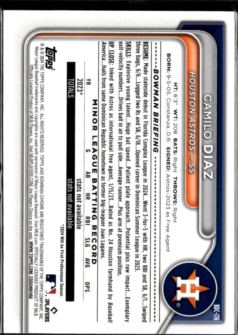 Camilo Diaz 2024 Bowman Draft Chrome Sapphire Houston Astros