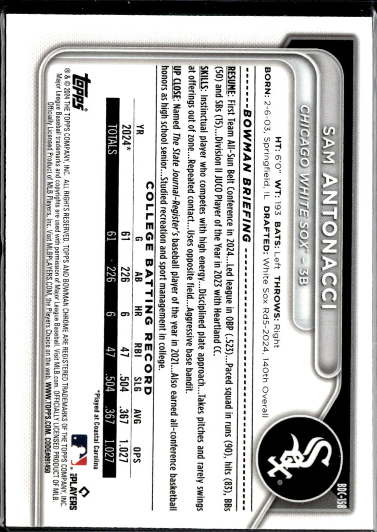 Sam Antonacci 2024 Bowman Chrome 1st Sapphire Chicago White Sox