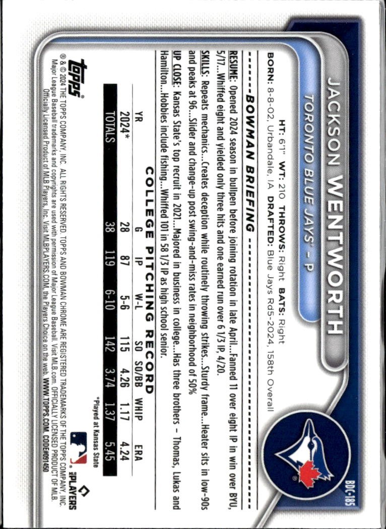 Jackson Wentworth 2024 Bowman Chrome 1st Sapphire Toronto Blue Jays