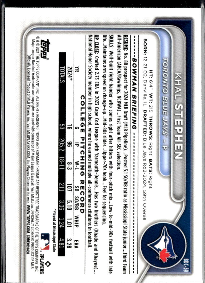 Khal Stephen 2024 Bowman Chrome 1st Sapphire Toronto Blue Jays