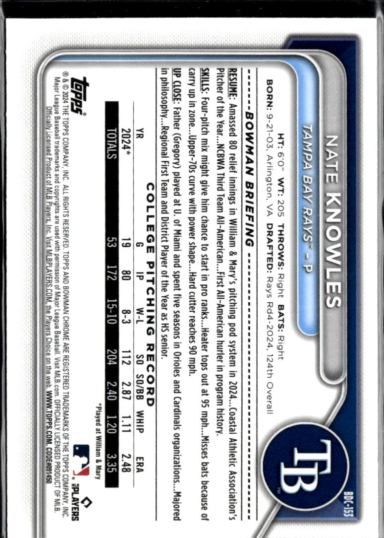 Nate Knowles 2024 Bowman Chrome 1st Sapphire Tampa Bay Rays
