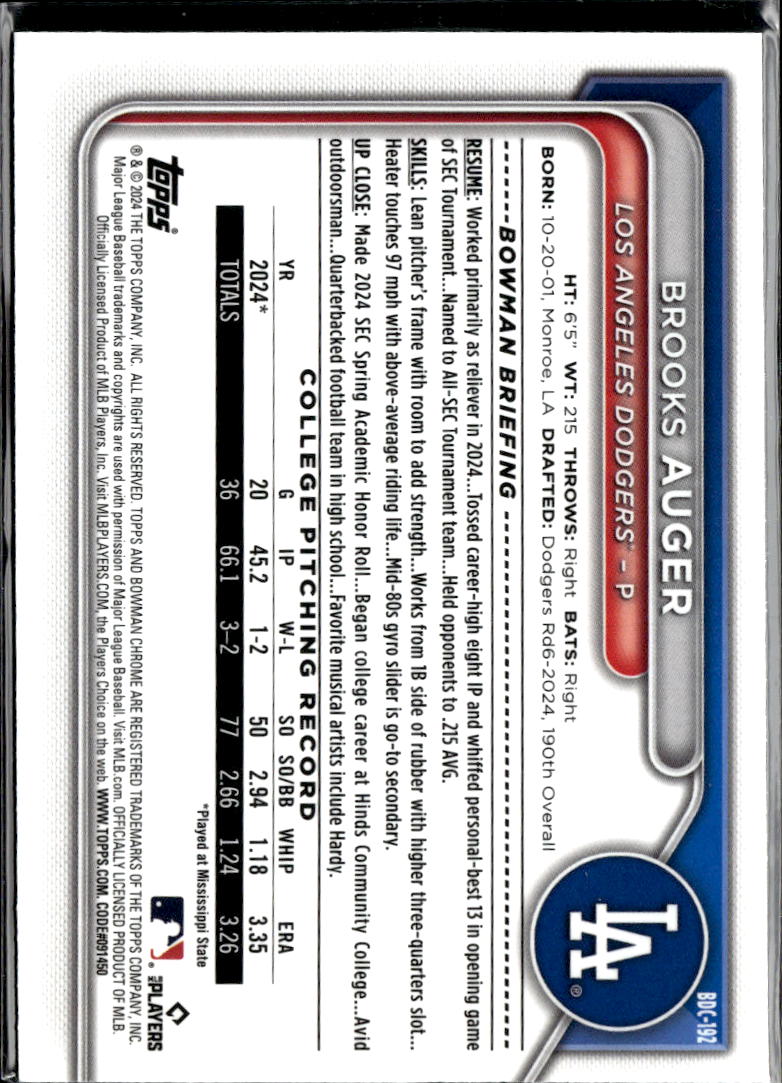 Brooks Auger 2024 Bowman Chrome 1st Sapphire Los Angeles Dodgers