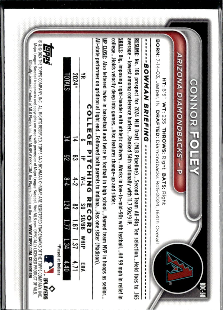Connor Foley 2024 Bowman Chrome 1st Sapphire Arizona Diamondbacks