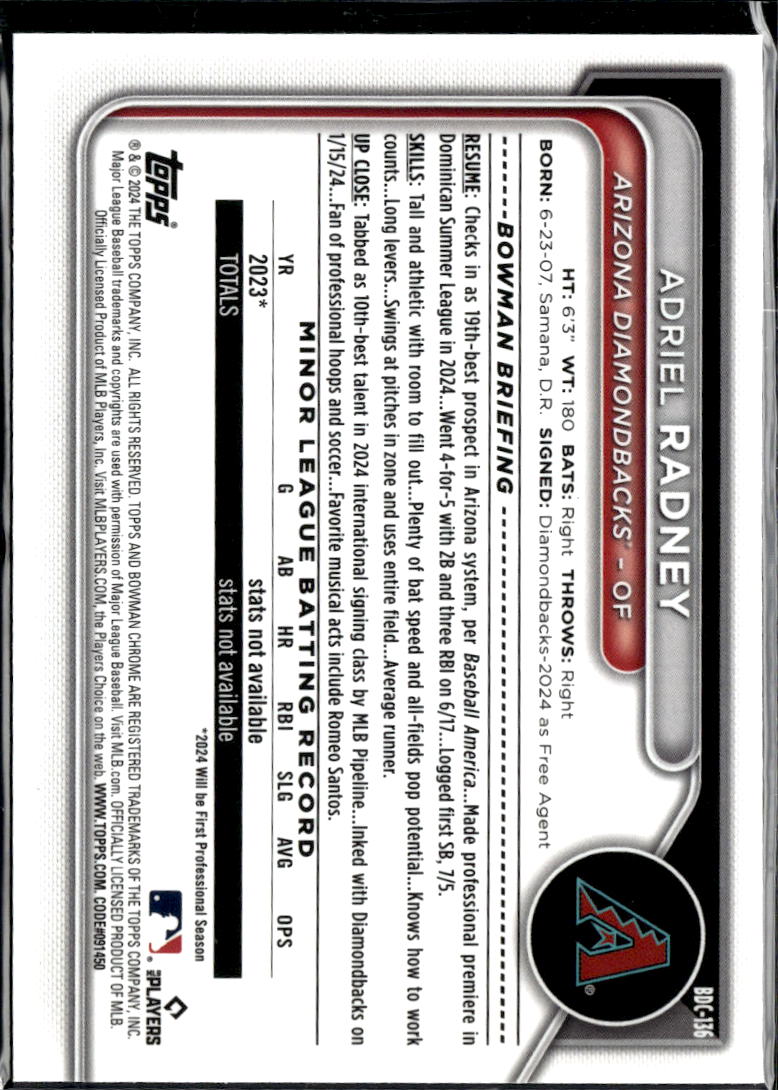 Adriel Radney 2024 Bowman Chrome Sapphire Arizona Diamondbacks