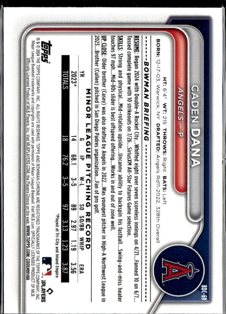Caden Dana 2024 Bowman Chrome Blue Sapphire Refractor Los Angeles Angels