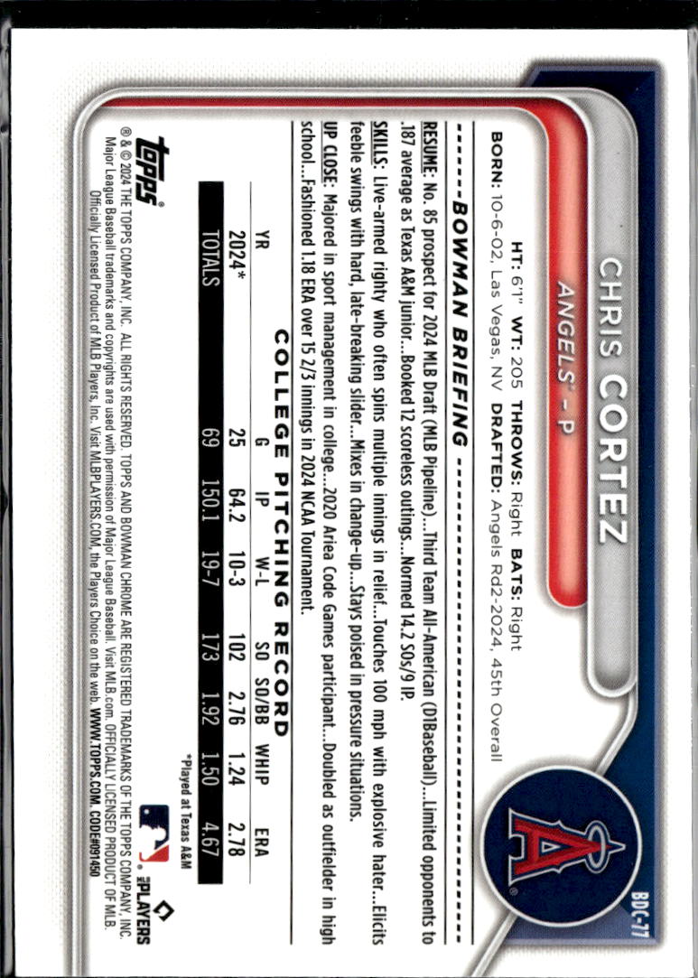 Chris Cortez 2024 Bowman Chrome 1st Sapphire Los Angeles Angels