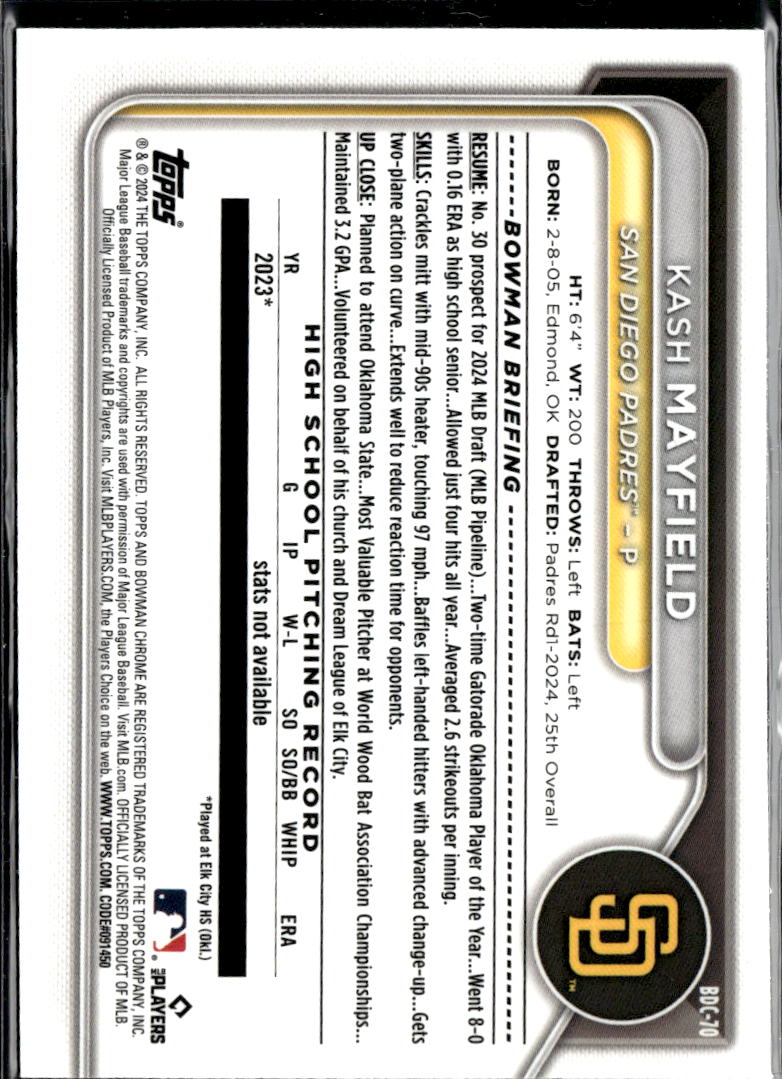 Kash Mayfield 2024 Bowman Chrome 1st Sapphire San Diego Padres