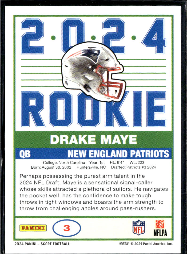 Drake Maye 2024 Score Rookie RC North Carolina New England Patriots