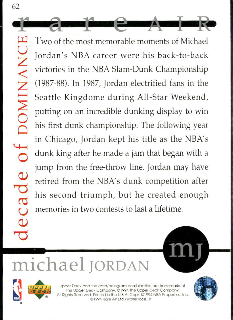 Michael Jordan 1994 Upper Deck Rare Air #62 Chicago Bulls