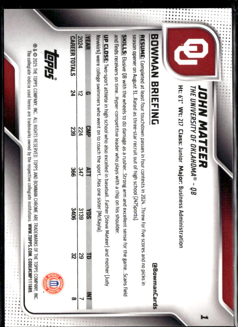 John Mateer 2025 Bowman Chrome 1st Orange Sapphire RC 23/25 Oklahoma Sooners