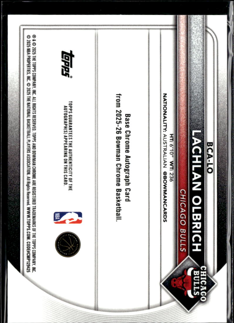 Lachlan Olbrich 2025 Bowman Chrome Auto Autograph RC Chicago Bulls